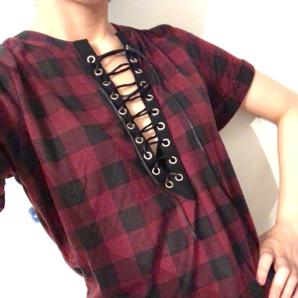 Plaid shirt with crisscross v-neck